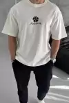 Unisex Bisiklet Yaka Baskılı Oversize T-Shirt - Beyaz