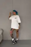 Unisex Bisiklet Yaka Baskılı Oversize T-Shirt - Beyaz