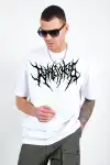 Unisex Bisiklet Yaka Baskılı Oversize T-Shirt - Beyaz