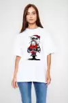 Unisex Bisiklet Yaka Baskılı Oversize T-Shirt - Beyaz