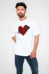 Unisex Bisiklet Yaka Baskılı Oversize T-Shirt - Beyaz