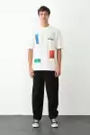 Unisex Bisiklet Yaka Baskılı Oversize T-Shirt - Beyaz