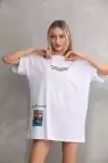 Unisex Bisiklet Yaka Baskılı Oversize T-Shirt - Beyaz