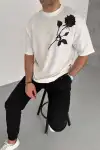 Unisex Bisiklet Yaka Baskılı Oversize T-Shirt - Beyaz