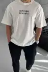 Unisex Bisiklet Yaka Baskılı Oversize T-Shirt - Beyaz