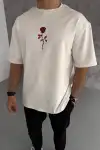 Unisex Bisiklet Yaka Baskılı Oversize T-Shirt - Beyaz