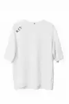 Unisex Bisiklet Yaka Baskılı Oversize T-Shirt - Beyaz