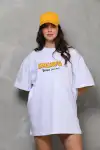 Unisex Bisiklet Yaka Baskılı Oversize T-Shirt - Beyaz