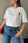 Unisex Bisiklet Yaka Baskılı Oversize T-Shirt - Beyaz