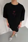 Unisex Bisiklet Yaka Baskılı Oversize T-Shirt - Siyah