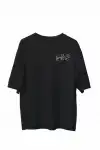 Unisex Bisiklet Yaka Baskılı Oversize T-Shirt - Siyah