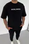 Unisex Bisiklet Yaka Baskılı Oversize T-Shirt - Siyah