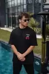 Unisex Bisiklet Yaka Baskılı Oversize T-Shirt - Siyah