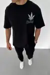 Unisex Bisiklet Yaka Baskılı Oversize T-Shirt - Siyah