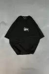 Unisex Bisiklet Yaka Baskılı Oversize T-Shirt - Siyah