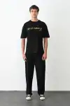 Unisex Bisiklet Yaka Baskılı Oversize T-Shirt - Siyah
