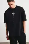 Unisex Bisiklet Yaka Baskılı Oversize T-Shirt - Siyah