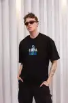 Unisex Bisiklet Yaka Baskılı Oversize T-Shirt - Siyah