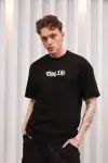 Unisex Bisiklet Yaka Baskılı Oversize T-Shirt - Siyah