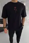Unisex Bisiklet Yaka Baskılı Oversize T-Shirt - Siyah