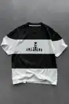 Unisex Bisiklet Yaka Baskılı Parçalı Oversize T-Shirt - Siyah