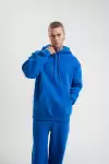 Unisex Double Oversize Kapşonlu Basic SweatShirt - Mavi