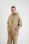 Unisex Double Oversize Kapşonlu Yıkamalı SweatShirt - Bej