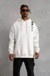Unisex Kapşonlu Uzun Kol Baskılı Sweetshirt - Beyaz