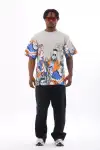Unisex Oversize Baskılı Bisiklet Yaka T-Shirt - Gri