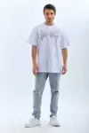 Unisex Oversize Taşlı Bisiklet Yaka T-Shirt - Beyaz