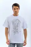 Unisex Oversize Taşlı Bisiklet Yaka T-Shirt - Beyaz