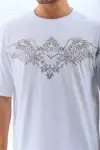 Unisex Oversize Taşlı Bisiklet Yaka T-Shirt - Beyaz