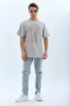 Unisex Oversize Taşlı Bisiklet Yaka T-Shirt - Gri
