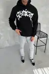 Unisex Üç İplik Kapüşonlu Baskılı SweatShirt - Siyah