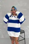 Unisex Üç İplik Parçalı Yakalı SweatShirt - Mavi