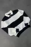 Unisex Üç İplik Parçalı Yakalı SweatShirt - Siyah