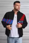 Unisex Uzun Koll Fermuarlı Baskılı Rüzgarlik - Siyah