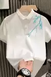 Unisex Yakası Düğmeli Oversize Baskılı T-Shirt - Beyaz