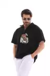 Unisex Yarım Fermuarlı Oversize Baskılı T-Shirt - Siyah