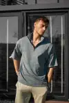 Unisex Yarım Fermuarlı Yıkamalı T-Shirt - Gri