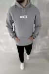 Uzun Kol Kapüşonlu Göğüs Baskılı SweatShirt - Gri