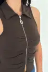 Yakalı Tam Fermuarlı Kolsuz Bluz - Kahverengi