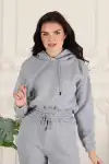 Kadın 3 İplik Şardonlu, Kapşonlu Sweatshirt - Eşofman altı Takım Gri