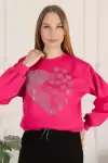Kadın Taşlı Kalp Desen Bisiklet Yaka Alt İp Bağlamalı 3 İplik Şardonlu Sweatshirt Fuşya
