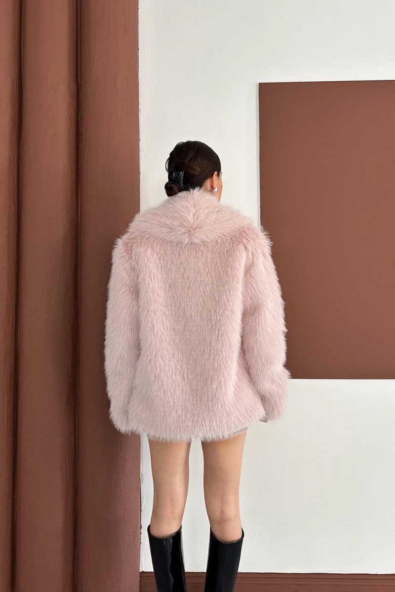 Lüks Pembe Suni Kürk Ceket - Tüylü Yumuşak Peluş Kışlık Kadın Mont