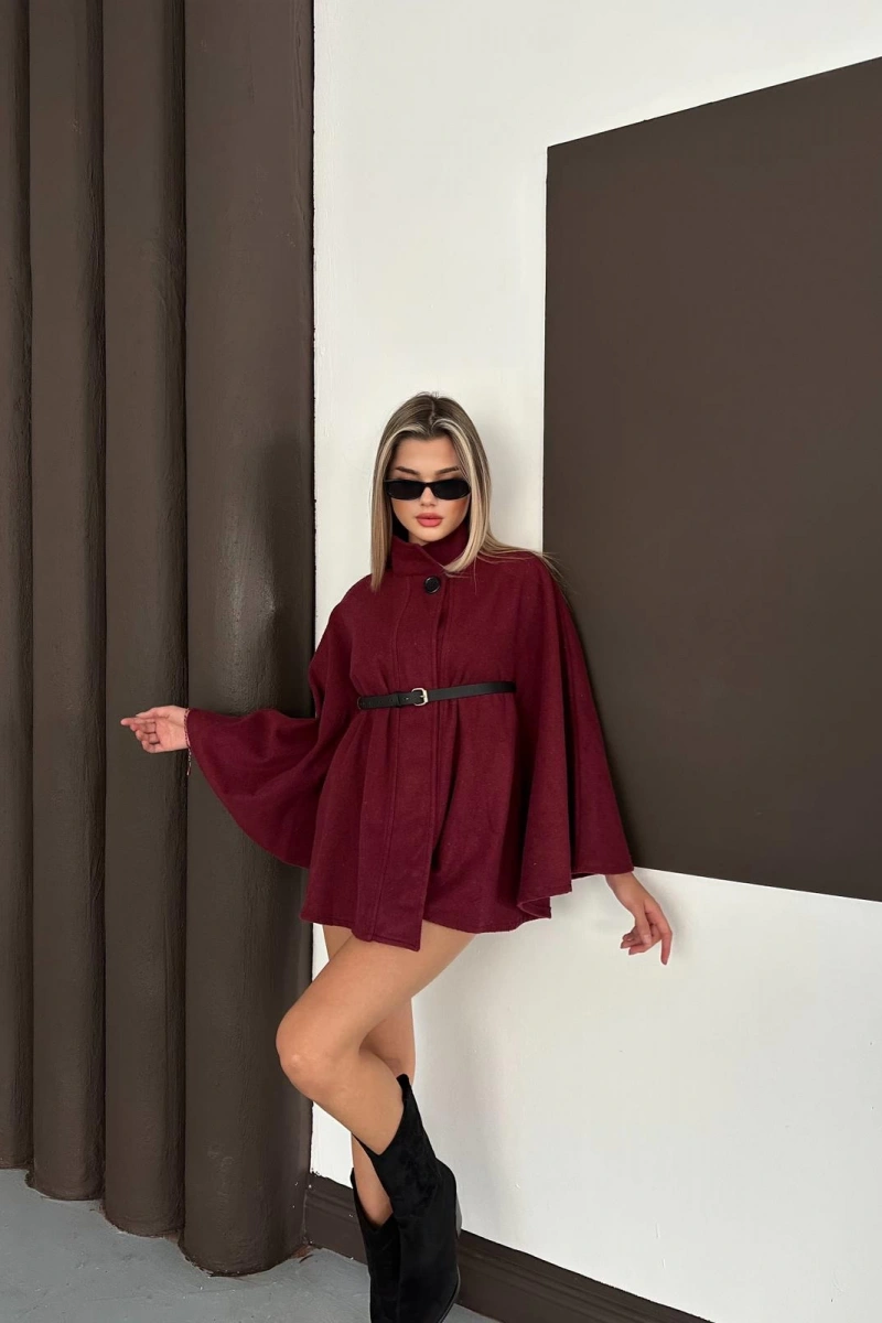 Şık Bordo Kaşe Panço Ceket - 100CM Kuşaklı Boğazlı Pelerin Model