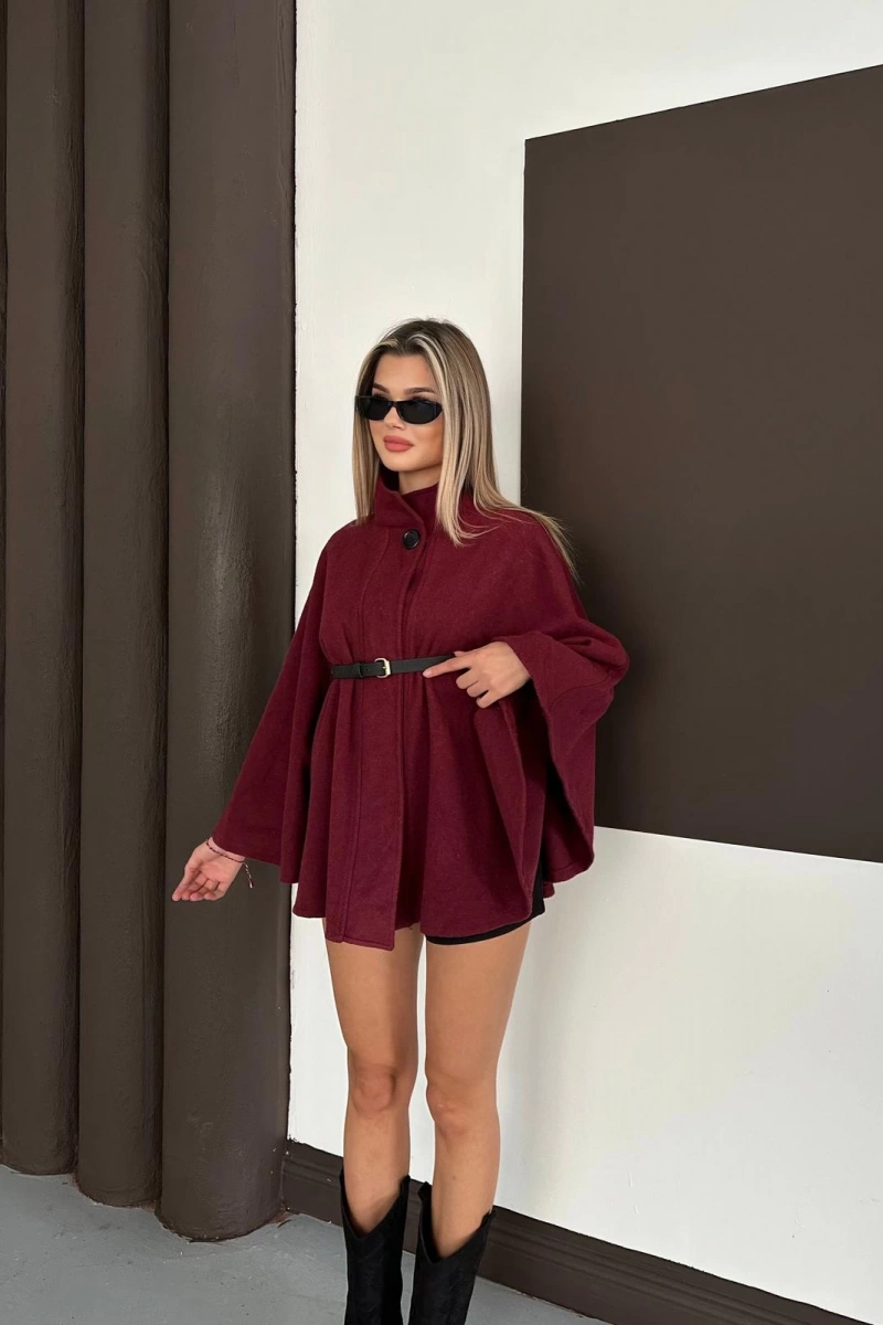 Şık Bordo Kaşe Panço Ceket - 100CM Kuşaklı Boğazlı Pelerin Model