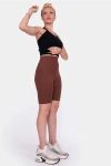 Kahve Yüksek Bel Toparlayıcı Fitilli Kısa Şort Tayt