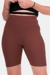 Kahve Yüksek Bel Toparlayıcı Fitilli Kısa Şort Tayt