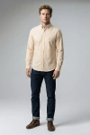 Erkek Lüks Gabardin Kumaş Cepsiz Regular Fit Düğmeli Yaka Gömlek - Bej